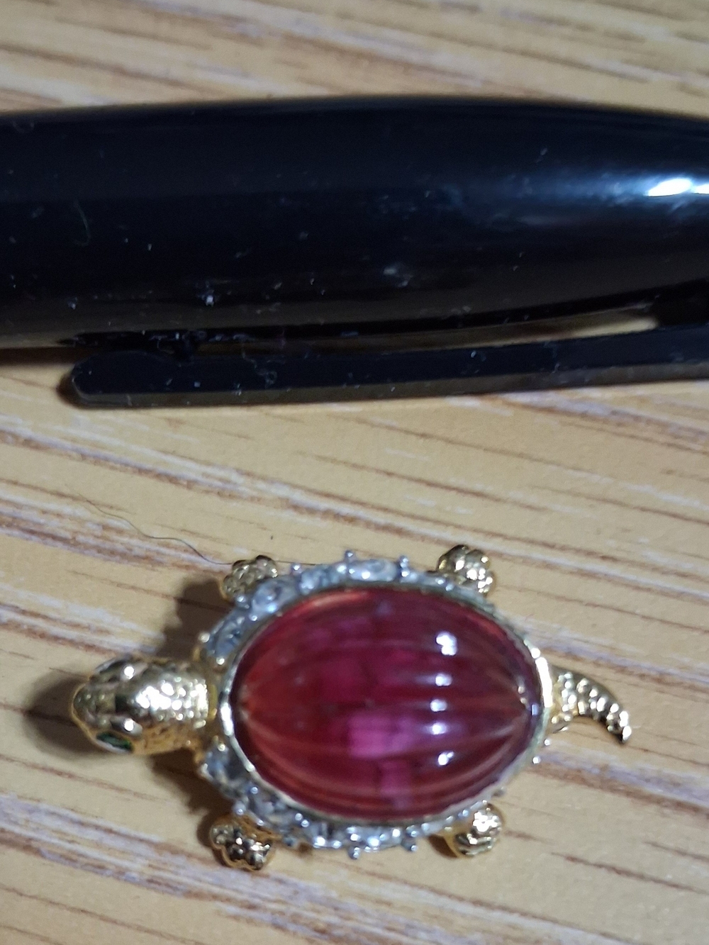 Gold Coralee Turtle Brooch with Pink Cabochon Center